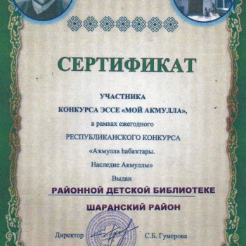 Сертификат участника конкурса эссе “Мой Акмулла”
