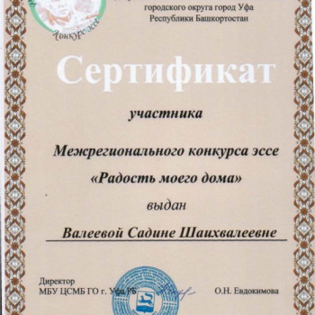 Сертификат участника Межрегионального конкурса эссе “Радость моего дома”